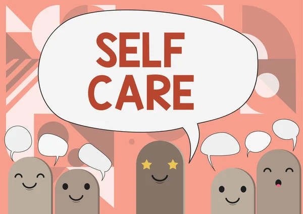 Inspiration showing sign Self Care. Business idea the practice of taking action to improve one s is own health Cartoon Heads Drawing Drawing With Speech Bubble Showing Conversation. — Stock Photo, Image