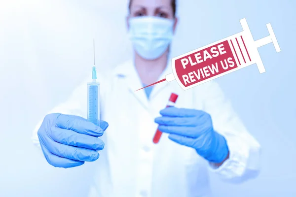 Lütfen Bizi İnceleyin yazan metin işareti. İş konsepti ya da sistem, yeni aşıyı test etme yetkisini Virüs Klinik Deneyleri için göstererek yapılan resmi incelemedir. — Stok fotoğraf