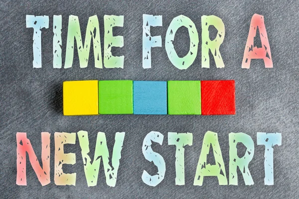 Text showing inspiration Time For A New Start. Word Written on something is supposed to begin right now Fresh job Stack of Sample Cube Rectangular Boxes On Surface Polished With Multi-Colour — Stock Photo, Image