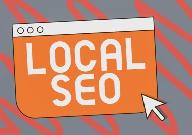 El yazısı işareti yerel Seo. İş yaklaşımı, işletmelerin yerel müşterilere ürün ve hizmetleri tanıtmasına yardımcı olur. Renkli Web Sayfası Tarayıcı İmleci Altında Fare İmleci Çizimi.