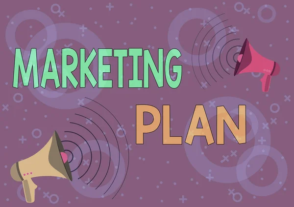 Text sign showing Marketing Plan. Concept meaning Comprehensive document of business activities and advertising Pair Of Megaphones Drawing Producing Sound Waves Making Announcement.