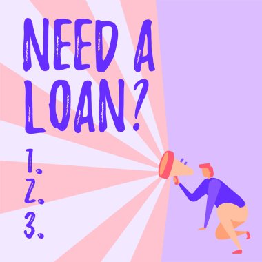 Borç Sorusu Gerektiğini gösteren metin işareti. Kavram derken, beklenen paraya ihtiyacı olduğu anlamına geliyor. Megafon kullanarak diz çöken bir kişinin illüstrasyonuyla geri ödenecek. Yeni duyuru yapılıyor..