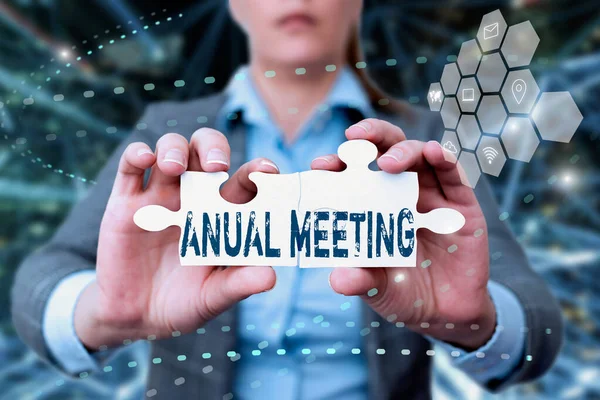 Conceptual caption Annual Meeting. Ulasan bisnis pertemuan tahunan dari keanggotaan umum organisasi Business Woman Holding Jigsaw Puzzle Piece Unlocking New Futuristic Tech. — Stok Foto