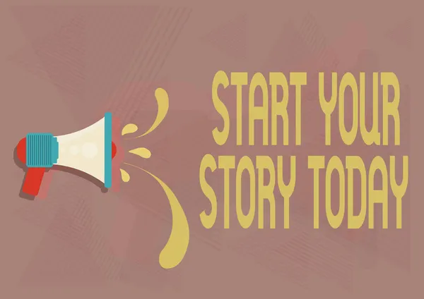 Tekst ukazujący inspirację Start Your Story Today. Przegląd biznesu ciężko nad sobą pracować i rozpocząć od tej chwili Ilustracja Megafon Wyrzucanie kropel wody Dokonywanie ogłoszenia. — Zdjęcie stockowe