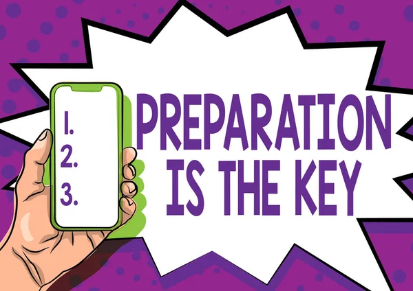 Signo de texto que muestra que la preparación es la clave. Word Written on it reduce los errores y acorta las actividades Mostrando Información Importante, Presentando Anuncios de Smartphone — Foto de Stock