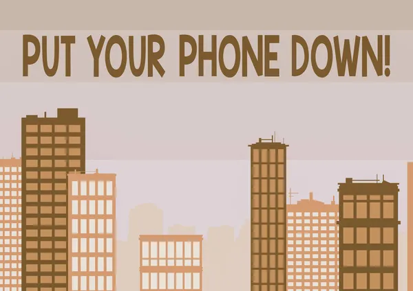 标志显示放下你的手机。商务概念结束电话联系告别来电者多座摩天大楼画出城市天际线. — 图库照片