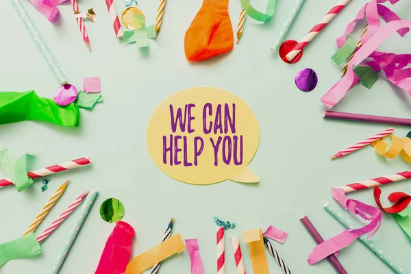 Podpis tekstowy przedstawiający We Can Help You. Pomysł na biznes oferujący dobrą pomoc klientom lub znajomym Kolorowe kolekcje Party Flashy Celebration Stuff Birthday Festival Kit — Zdjęcie stockowe