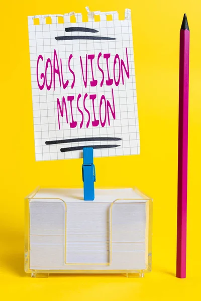 Text schreiben Ziele Vision Mission. Wort für praktischen Planungsprozess, der der Community hilft Bunte Ideenpräsentation, die frische Gedanken zeigt, Botschaft zu senden — Stockfoto