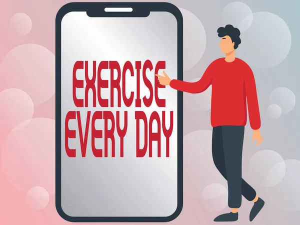 Teken elke dag een oefening. Internet Concept bewegen lichaam energiek om fit en gezond Man Drawing Staande naast een grote telefoon Pointing Out Technologieën. — Stockfoto