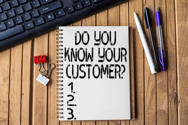 Text caption presenting Do You Know Your Customer Question. Concept meaning service identify clients with relevant information Empty Open Clipped Journal Beside Keyboard Pens On Top Of The Wooden Desk — Stock Photo, Image