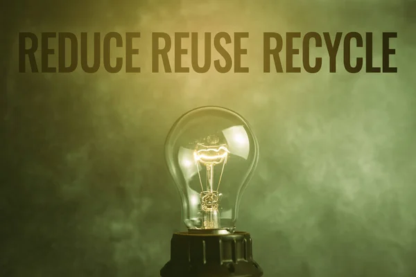Handwriting text Reduce Reuse Recycle. Business showcase environmentallyresponsible consumer behavior Realistic Colored Vintage Light Bulbs Idea Sign Solution Thinking Concept.