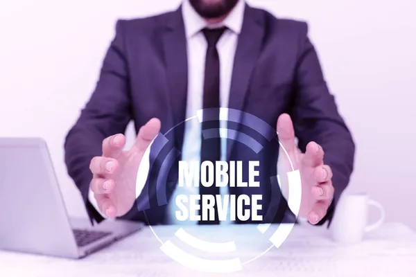Χειρόγραφο σήμα Mobile Service. Επισκόπηση επιχειρήσεων Χρησιμότητα ραδιοεπικοινωνίας μεταξύ κινητών και επίγειων σταθμών Απομακρυσμένη εργασία γραφείου Online Παρουσίαση Επιχειρηματικού Σχεδίου και Σχεδίων — Φωτογραφία Αρχείου