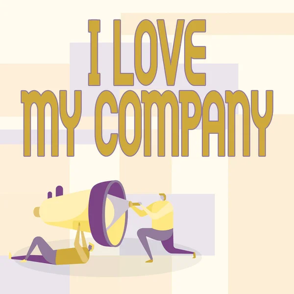 Conceptual subtitrare I Love My Company. Cuvânt pentru a spune de ce admira locul de muncă și la locul de muncă Lucrătorii Desen ajutându-se unul pe altul cu lanternă pentru a repara Megaphone. — Fotografie, imagine de stoc