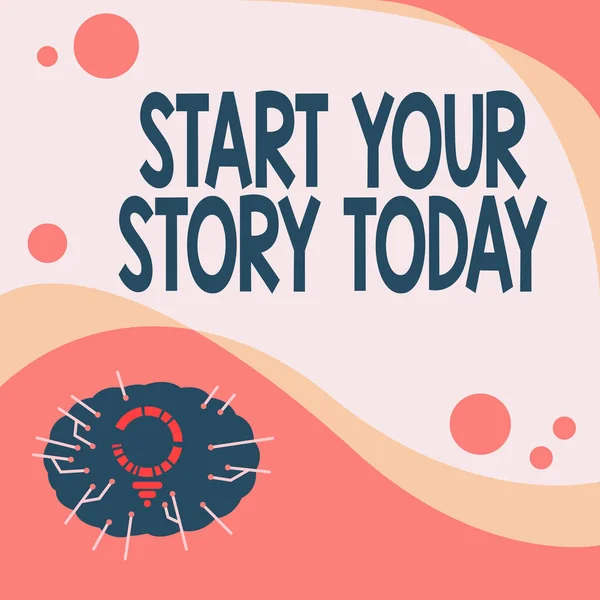 Skriv på och visa din berättelse idag. Ord för arbete hårt på dig själv och börja från och med nu glödlampa ritning med flera linjer bredvid tom Skriv utrymme. — Stockfoto
