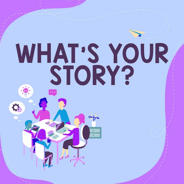 Sinal de texto mostrando What S Is Your Storyquestion. Palavra por forma de perguntar a pessoa sobre eventos da vida passada Convertendo Imaginações em Histórias Digitalizadas, Registrando Nova Conta — Fotografia de Stock