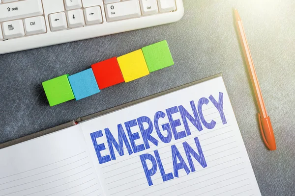 Sign displaying Emergency Plan. Internet Concept procedures for handling sudden or unexpected situations Stack of Sample Cube Rectangular Boxes On Surface Polished With Multi-Colour — Stock Photo, Image