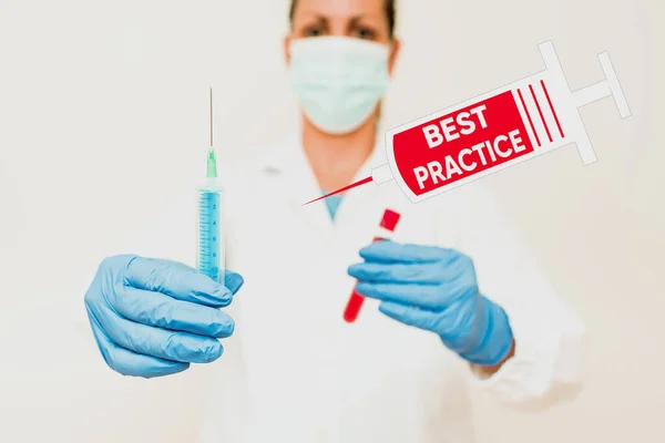 Escrever exibindo texto Best Practice. Conceito de Internet procedimentos comerciais aceitos prescritos sendo correto Teste Nova Vacina para o Vírus Apresentando Ensaios Clínicos de Vacinação — Fotografia de Stock