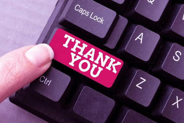 Sign displaying Thank You. Word Written on polite expression used when acknowledging gift service compliment Abstract Replying To Online Message, Typing And Sending Internet Letters — Stock Photo, Image
