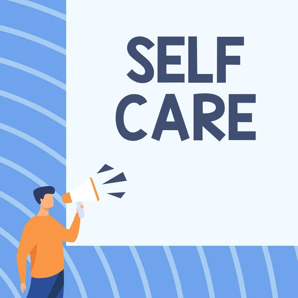 Conceptual caption Self Care. Business concept the practice of taking action to improve one s is own health Businessman Drawing Talking Through Megaphone Making New Announcement. — Stock Photo, Image