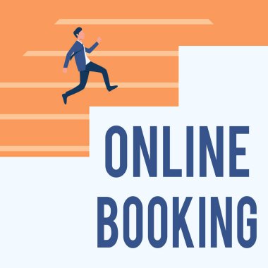 El yazısı tabelası Online Rezervasyon. İş konsepti rezervasyonları internet otel konaklama biletiyle Takım Elbiseli Centilmen Büyük Merdiven Basamaklarında İlerleme Gösteriyor.
