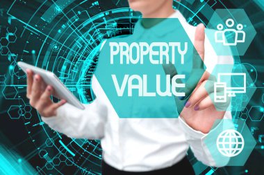 El yazısı metin Özellik Değeri. Gayrimenkul fiyatının iş genel değerlendirmesi Üniformalı Kadın Bekleme Telefonu Sanal Basın Düğmesi Futuristik Teknoloji.