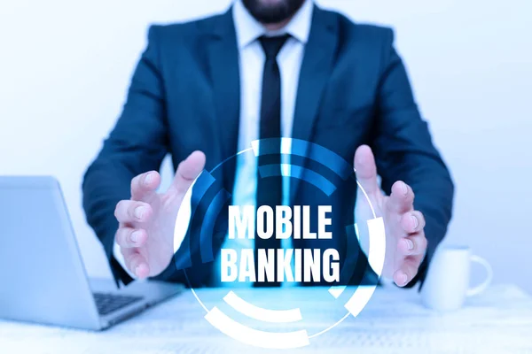 Mobil Bankacılık sunan metin başlığı. Hesabın izlenmesi için sözcük, fatura transferi, fatura ödeme uzaktan ofis işi, online sunum, iş planı ve tasarımları dengeler. — Stok fotoğraf