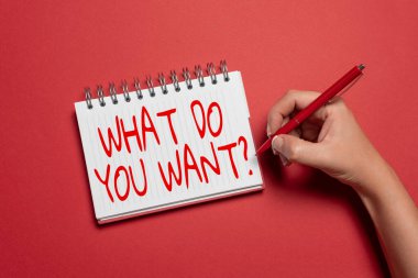 El yazısı metni. Ne istiyorsun? Soru. İş fikri, kişiye mesaj ve bilgi aktaran önemli notlar alan yeni fikirler hakkında soru sormak için söyler ya da yazar.