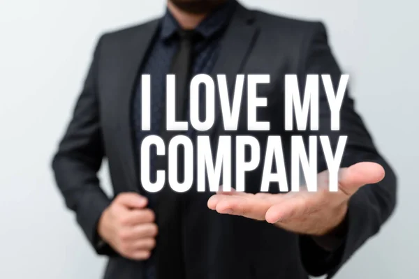 「 I Love My Company 」と表示される。コンセプトとは、自分の仕事や職場に感心する理由を伝える新しい計画やアイデアを提示する計画プロセスを示す — ストック写真