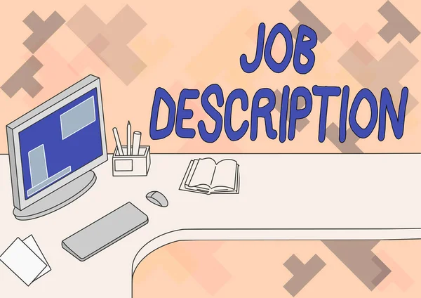 Sign displaying Job Description. Word for a formal account of an employee s is responsibilities Office Desk With Computer Pen Holder And Open Blank Notebook. — Stock Photo, Image