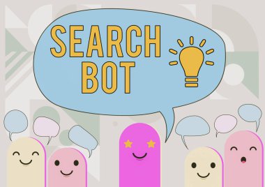 Arama Robotunu gösteren metin işareti. İş yaklaşımı İnternet ya da ağ üzerinden otomatik görevleri yürüten bir program Çizim Başları Konuşma Baloncuğu Gösterme Sohbeti ile Çizim Çizimi.