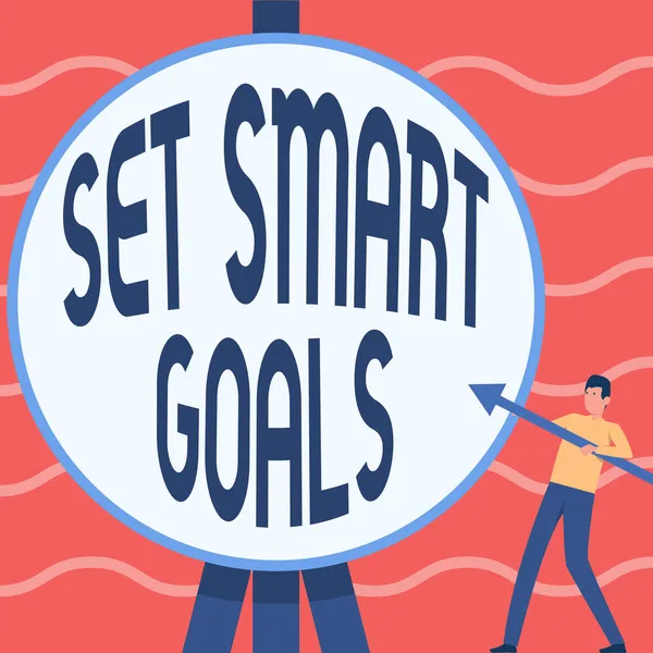Pantalla Conceptual Set Smart Goals. Lista de escaparate de negocios para aclarar sus ideas esfuerzos de enfoque utilizar el tiempo sabiamente Hombre de pie sosteniendo flecha grande señalando a gran objetivo circular. —  Fotos de Stock