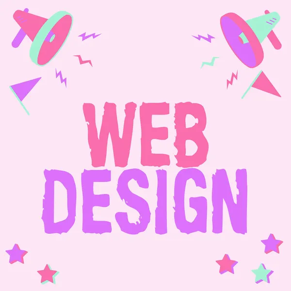 Texte d'inspiration Web Design. Business showcase Développement de sites Web Conception et processus de création de sites Web Paire de mégaphones Dessin Produire des tonnerres Faire une annonce. — Photo