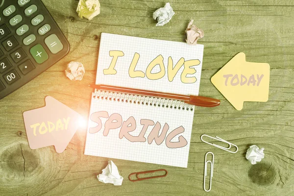 Sign displaying I Love Spring. Concept meaning telling why having a strong affection to this season Display of Different Color Sticker Notes Arranged On flatlay Lay Background — Stock Photo, Image