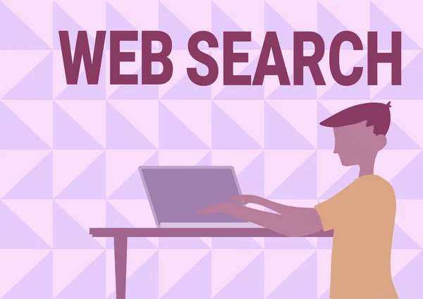 Skriva visning av text Web Search. Affärsidé programvara som utformats för att söka efter information på webben Affärsman Stående Använda laptop placeras på toppen av träbord. — Stockfoto