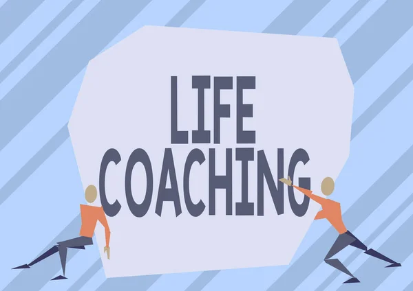 Señal que muestra Life Coaching. Palabra escrita en persona empleada para ayudar a mostrar a alcanzar sus objetivos en la carrera Dos hombres Ilustración tratando de levantar extra grande roca para liberar el camino. —  Fotos de Stock