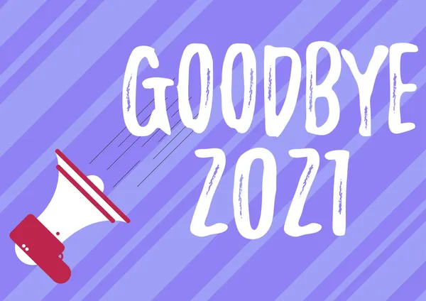 Бізнес-вітрина "Прощавай, 2021" висловлює добрі побажання, коли прощаєшся або в кінці минулого року Ілюстрація про Мегафон робить швидке важливе оголошення. — стокове фото