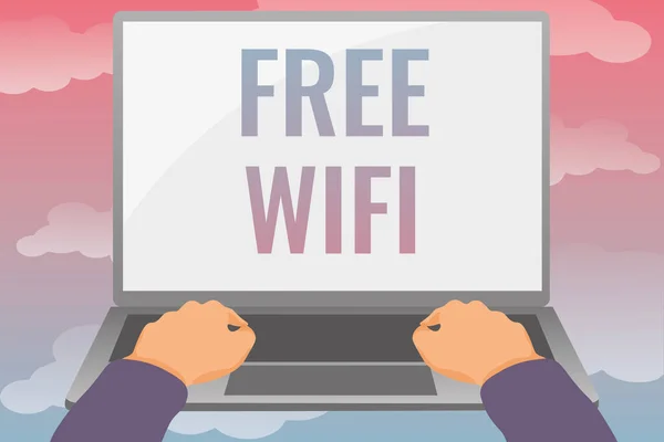 프리덤 위키 (Free Wifi). 사업 홍보 케이스를 이용하면 온라인 기사에 대한 비용을 지불하지 않고 도 공공 장소에서 인터넷에 접속 할 수있습니다. — 스톡 사진
