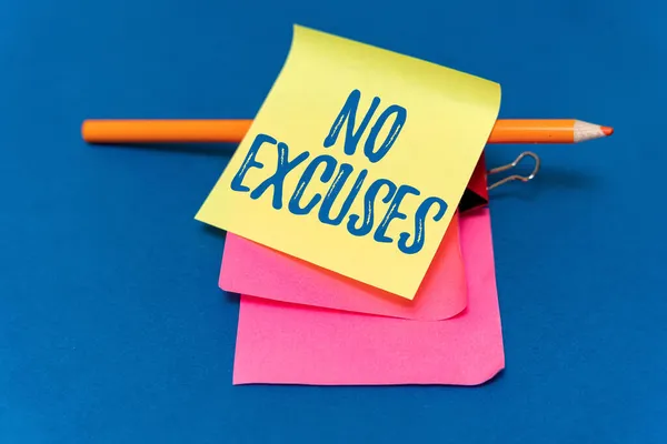 Conceptual display No Excuses. Word Written on should not happen or expressing disapproval that it has happened Multiple Assorted Collection Office Stationery Photo Placed Over Table — Stock Photo, Image