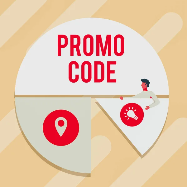 Handschrift Zeichen Promo Code. Word Geschrieben auf digitale Zahlen, die Ihnen einen guten Rabatt auf bestimmte Produkte geben Man Drawing Holding Pie Chart Piece Show Graph Design. — Stockfoto