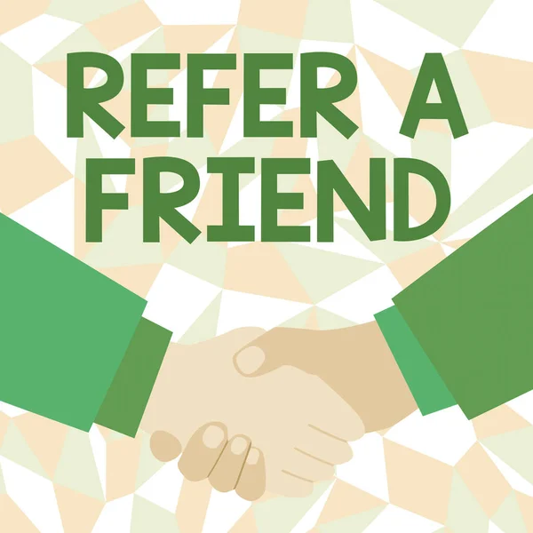 На табличці є напис "Refer A Friend". Слово, написане про когось або надіслане йому щось на зразок подарунків Абстрактні люди, які приймають угоди, зображення, що проявляють переговори — стокове фото