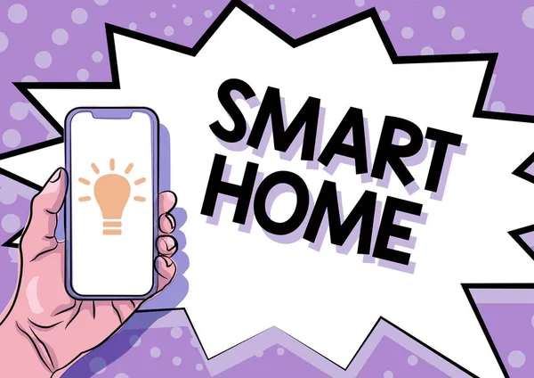 Inspiration für Smart Home. Business Schaufenster Automatisierungssysteme Steuerung Beleuchtung Klima-Entertainment-Systeme Anzeige wichtiger Informationen, Präsentation von Smartphone-Ankündigungen — Stockfoto