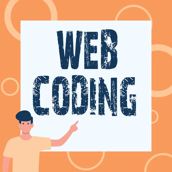 Konzeptionelle Bildunterschrift Web Coding. Konzeptionelle Fotoarbeit bei der Entwicklung einer Website für das Internet Gentleman Drawing Standing Pointing Finger In Blank Whiteboard. — Stockfoto