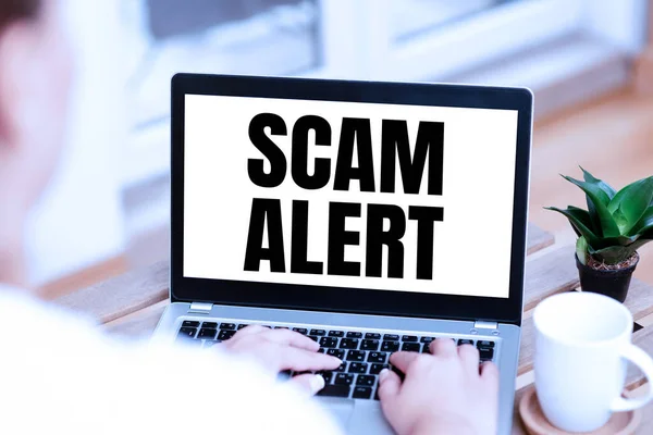 Text zeigt Inspiration Scam Alert. Internet-Konzept warnt jemanden vor System oder Betrug Beachten Sie jede ungewöhnliche Frau beschäftigt Tippen auf Laptop neben Kaffeebecher und Pflanze arbeiten von zu Hause aus. — Stockfoto