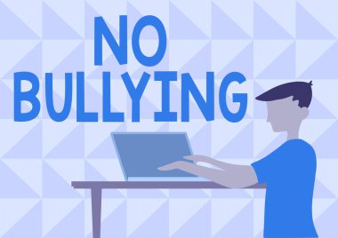 Zorbalığa hayır yazan bir mesaj. İş konsepti, çocuklar arasındaki agresif davranışları durdurur. Güç dengesizliği İşadamı Dizüstü bilgisayarını tahta masanın üstüne yerleştirerek ayakta duruyor..