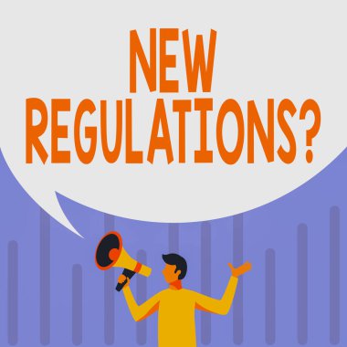 Yeni Düzenleme Sorusu gösterimi yazılıyor. İş dünyası kuralları, hükümetin düzen denetimini sağlıyor. Bir şeyler yapılıyor. Büyük Konuşma Baloncuğu Gösterme Mesajlı Adam Tutma Megafonu..