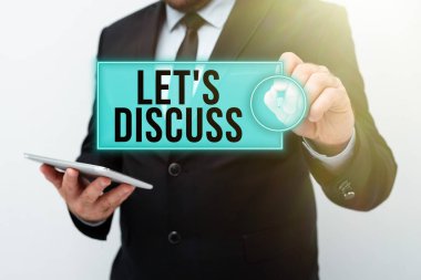 Let S Discuss 'u gösteren metin işareti. Yeni Teknoloji Fikirleri Sunumu Teknolojik Gelişmeyi Tartışma Birimi 'nden biriyle bir konu hakkında konuşmasını isteme fikri