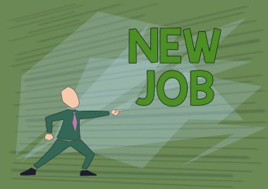 Yeni Görevi sunan metin başlığı. İş konsepti, Takım Elbiseli Adam 'ın düzenli pozisyonunu ödeyerek Liderlik Gösterisini İlerletme Çizimi.