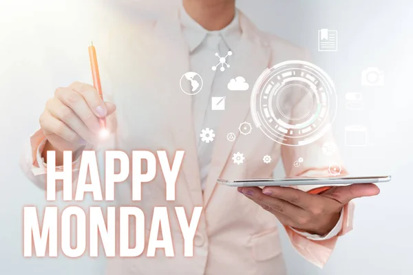 Handwriting text Happy Monday. Word Written on telling that person order to wish him great new week Business Woman Touching Digital Data On Holographic Screen Interface.