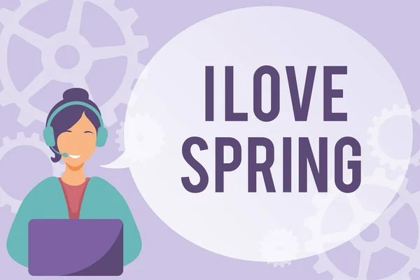 Ispirazione che mostra il segno I Love Spring. Approccio business raccontando perché avere un forte affetto per questa stagione Lady Call Center Illustrazione con cuffie Discorso Bubble Conversazione. — Foto Stock