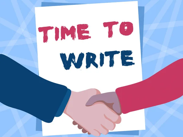 Szöveg megjelenítése Time To Write. Szó rögzíteni valamit, vagy kifejezni egy ötletet papíron vagy könyv Két férfi rajz üres papír Shake Hands bemutató megállapodás. — Stock Fotó